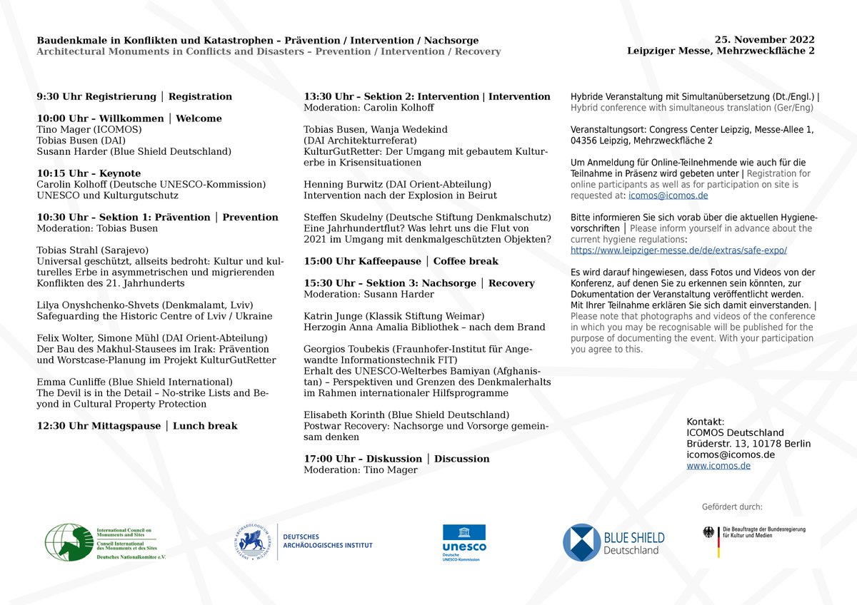 Together with @IcomosG, #KulturGutRetter project at @dai_weltweit & @unesco_de, we are organising the conference 'Architectural Monuments in Conflicts and Disasters. Prevention - Intervention - Recovery', to be held on 25 Nov 2022. Join us in Leipzig (GER) or online! 👇