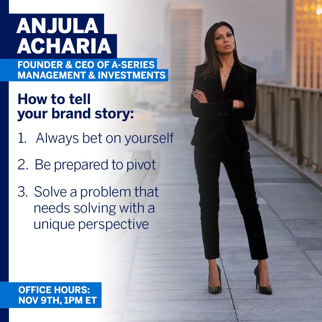 .@AnjulaAcharia will join us live tomorrow at instagram.com/americanexpres…. Post your questions below or during the live Q&amp;A! 
Anjula has a knack for helping entrepreneurs define their unique brand positioning and lean into their story to find success. #AmexBusiness