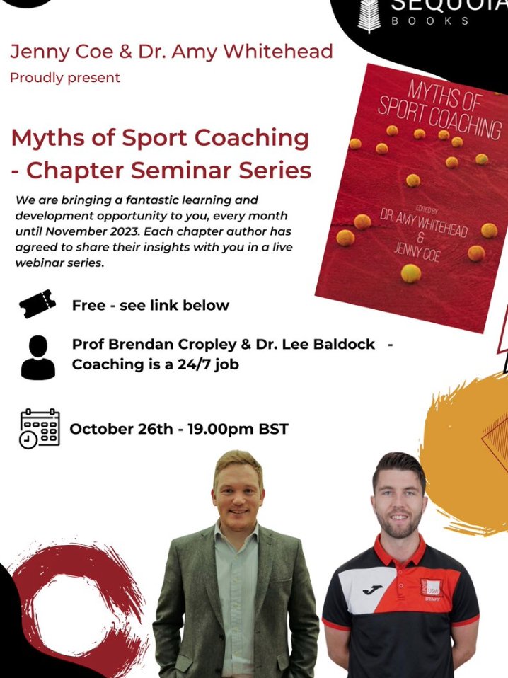 SequoiaBooks's tweet photo. Is sport coaching a 24/7 job? Latest Myths of Sport Coaching webinar presented by @BrendanCropley &amp; @Bully__22  is now on our YouTube channel👍👍

https://t.co/Ix9wvcMTmw https://t.co/lLb1nbuF45