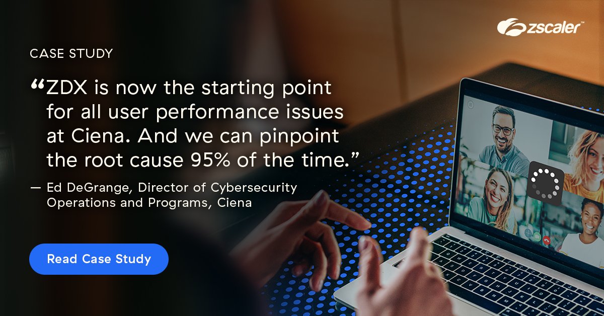 zscaler's tweet photo. How do you quickly fix user connectivity and latency issues? @Ciena's IT staff uses the Zscaler Digital Experience (ZDX) service to reduce mean time to resolution (MTTR). Read our case study to learn more. https://t.co/Vz7tsAIpBh #ZCloudCollective https://t.co/Yok1IFRxnH
