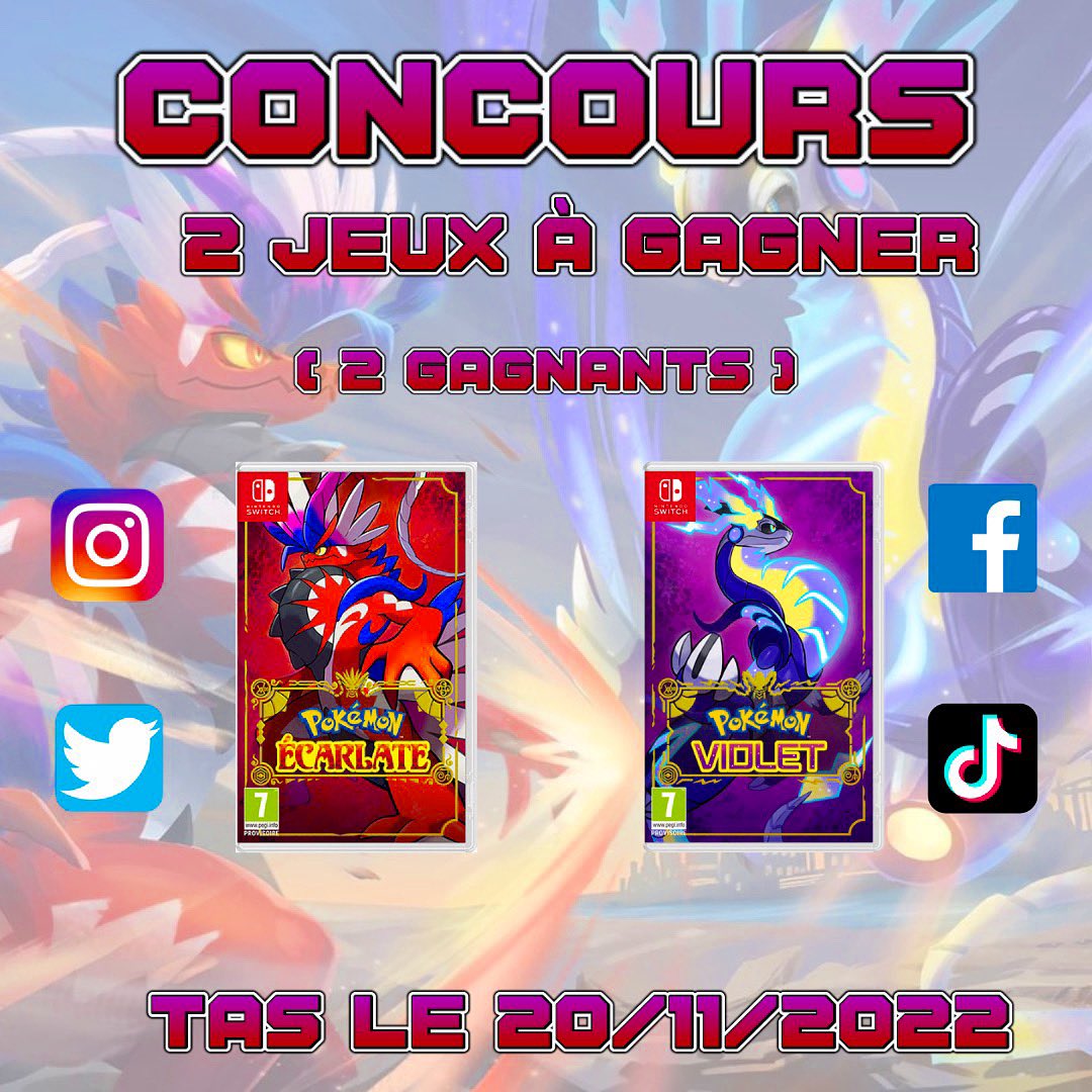 DLGAMING22's tweet photo. #𝗖𝗢𝗡𝗖𝗢𝗨𝗥𝗦
2 jeux Pokémon Écarlate et Violet au choix à gagner sur Nintendo Switch 
‼️Il y aura donc 2 gagnants ‼️

𝗣𝗼𝘂𝗿 𝗽𝗮𝗿𝘁𝗶𝗰𝗶𝗽𝗲𝗿 :
🔴 Suivre @DLGAMING22 
🟣 Tag 2 amis  
🔴 Like &amp; RT 

Bonne Chance 😘 

#PokemonEcarlateViolet #NintendoSwitch 

TAS:20/11/22 https://t.co/2JzGukeOaT