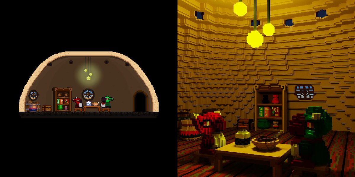 KStarrwolf's tweet photo. Original vs New voxel version. "Breakfast at Yu and Chu's". #pobrobopobros #pixelart #voxelart #pixels #voxels #indiedev #starrwolfstudio https://t.co/Q4aLAwtDxy