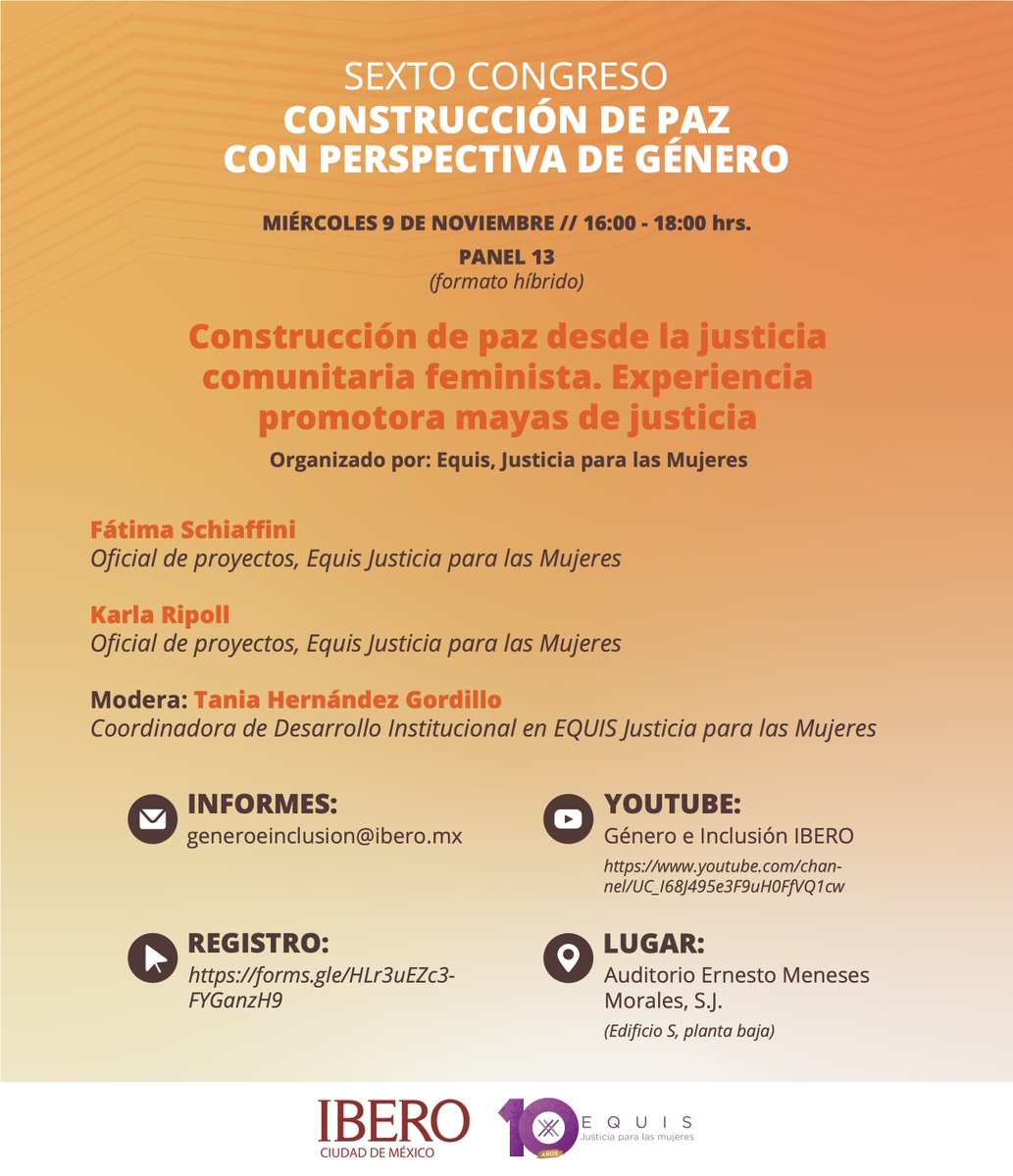 ⏰MAÑANA, 16hrs --> sigue la mesa 'Construcción de paz desde la justicia comunitaria feminista' en la que compartiremos nuestra experiencia con las #PromotorasMayas de Justicia en Yucatán👀

Regístrate aquí: bit.ly/3fFpkML
