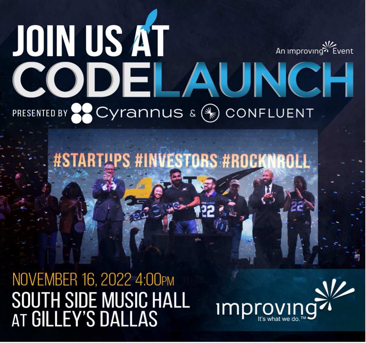 sarajop's tweet photo. Twitter(@CodeLaunch):
@CodeLaunch is back on home turf 11/16 for its 10th annual #startup showcase #event in DFW! RSVP yourself and others (via this VIP Guest link https://t.co/JrBecLw6pv) and join us at the Southside Music Hall at Gilley’s in Dallas, TX on 11/16 from 4pm – 9pm! https://t.co/kHJfaKyFFo