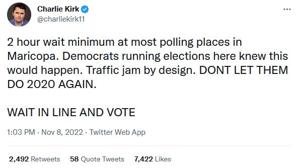 ddale8's tweet photo. In reality: 1) Maricopa's election chief and board of supervisors chair are Republican; 2) Most Maricopa sites have no waits or very short waits - and residents can vote at any they choose, not just the one nearest their home. The info is updated here: https://t.co/iuDPHlq3Q6 https://t.co/1MdKn8c79k