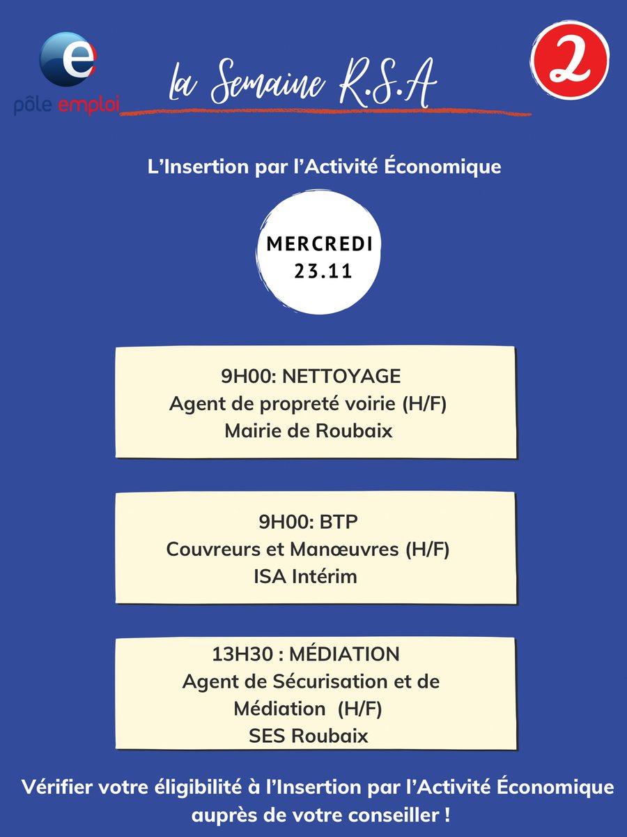 Recrutement: Semaine #RSA au Pôle Emploi <a href="/roubaix/">Ville de Roubaix</a> Centre. Du 21 au 25 novembre 2022.Au programme, les secteurs en tension recrutent:
👉#BTP 👉#Industrie 👉#SAP 👉#transport 👉#restauration 👉#IAE 
@poleemploi_HDF 
<a href="/Treutenaeres/">s. Treutenaere</a> <a href="/sferetwitt/">Stephanie Feron</a> <a href="/NadegeFouquart/">Nadège FOUQUART</a>