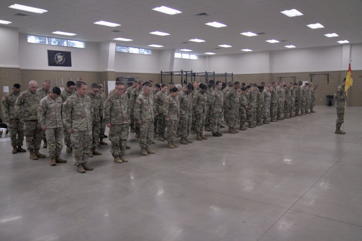 Chaplain (Maj) Derek M. Boucher, brigade chaplain with the 164th Air Defense Artillery Brigade, leads Soldiers in prayers closing the unit drill weekend.