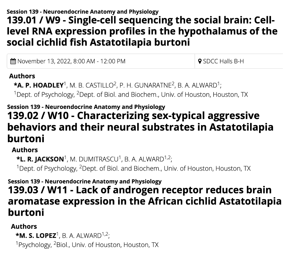 We have three posters at SFN! All are 11/13 Sunday 8-12 in Session 139 - Neuroendocrine Anatomy and Physiology. Come see what the Alward lab has been up to! <a href="/APHoadley/">andrew</a> <a href="/marianaselenel1/">Mariana Lopez</a> <a href="/LillianJackson_/">Lillian Jackson</a>  See you in San Diego!