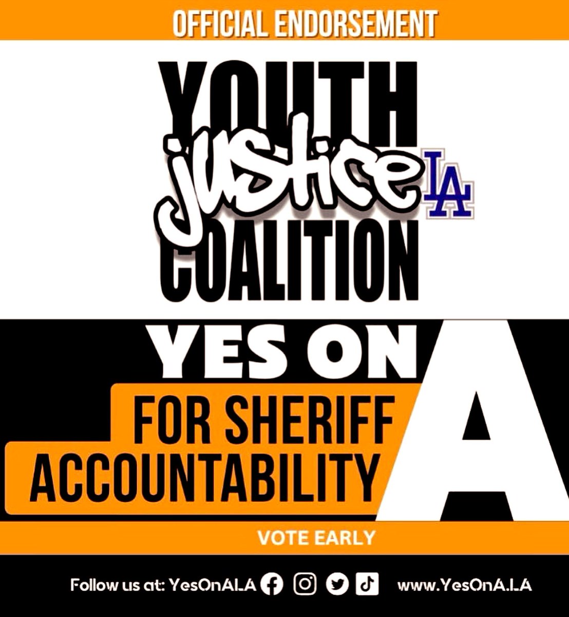 The Youth Justice Coalition endorsed YES ON MEASURE A in solidarity with BIPoC youth &amp; families impacted by Sheriff murder, violence, and criminalization across L.A. County for decades. ✊🏿✊🏾📢 🗳 <a href="/YesOnALA/">Yes on Measure A</a> 

#YesOnA #MeasureA #BlackLivesMatter <a href="/CheckSheriff/">CheckTheSheriffLA</a> 🎯