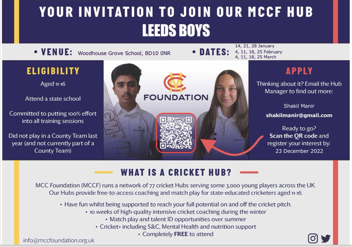 MCCF Leeds Boys Hub, registration is now open. Scan the QR code and click on the link to register. 

#mccfoundation #Leeds