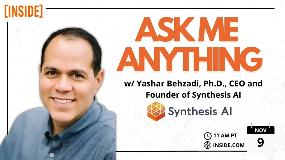 inside's tweet image. LIVE tomorrow @ 11am PT - AMA w/ @YasharBehzadi, CEO/Founder of Synthesis AI 🚀

Yashar is an expert entrepreneur building transformative businesses in #AI, #medtech &amp;amp; #IoT. Ask him about computer vision, data science &amp;amp; more!

Post your questions here 👇
inside.com/s/327188