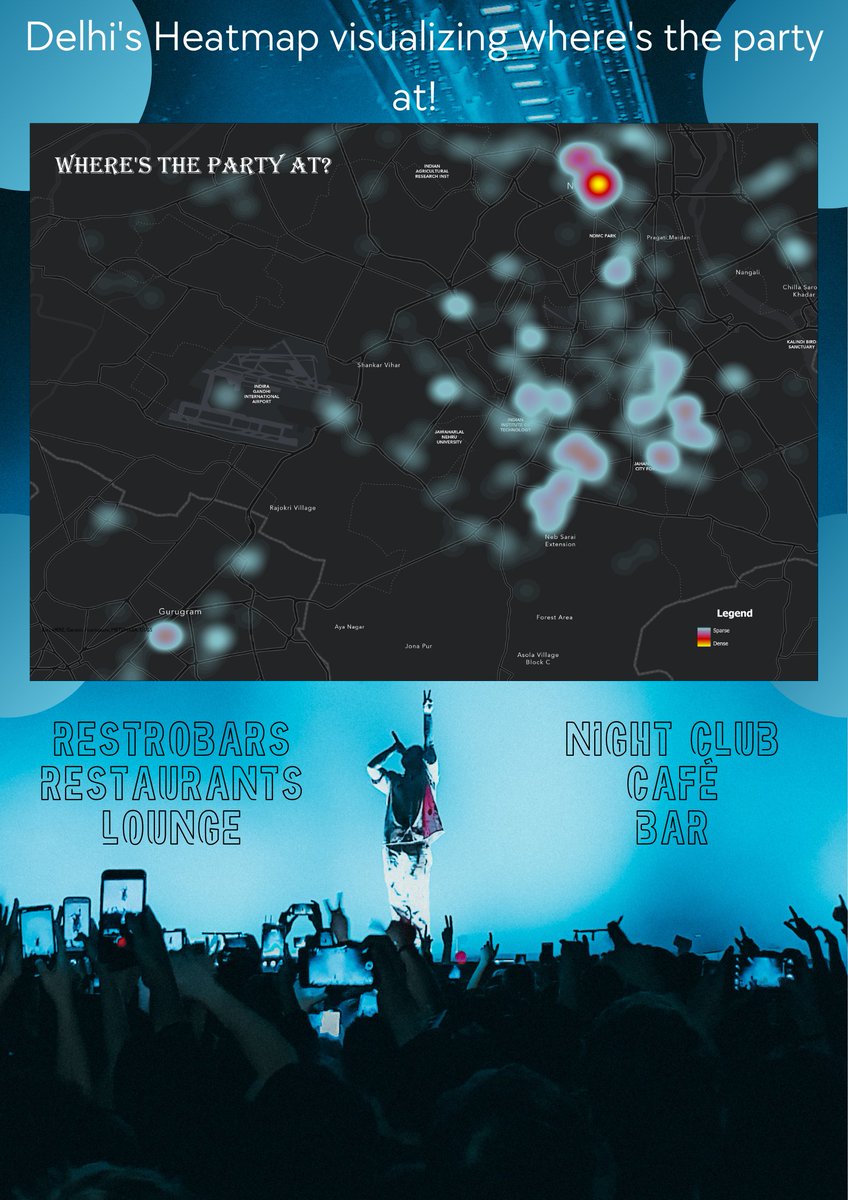 th8lfcguy's tweet photo. Day 8 of #30DayMapChallenge Data from #OpenStreetMap Where's the party at!!!
A heatmap of the Delhi region visualizing all the pubs, lounges, cafes, restrobars, restaurants, bars, and nightclubs.
Tools- @ArcGISPro 
Data- BBBike
#GIS #gischat #maps https://t.co/PNeufZ2Xex
