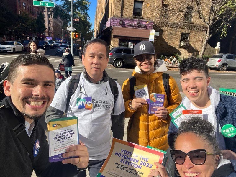 RacialJusticeNY's tweet photo. Racial Justice Commissioners are in the field, making sure NYC voters like you know what’s on the back of your ballot today! Check out some pictures of Cmmr Yoo, Cmmr Kui, Chair Jennifer J. Austin, &amp; RJC staff in Queens spreading the word about the 3 racial justice ballot ques... https://t.co/CbbS9Sgy8E