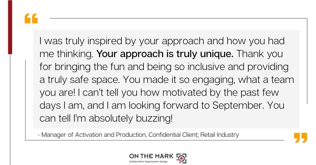 There's nothing better than feedback like this. While the impact of our work is a huge motivator for us, energy and engagement that REALLY propels us. 

#clientsuccess #testimonials #feedback #consultants #organizationdesign #operatingmodels #OTMdifference #onthemark #OTM
