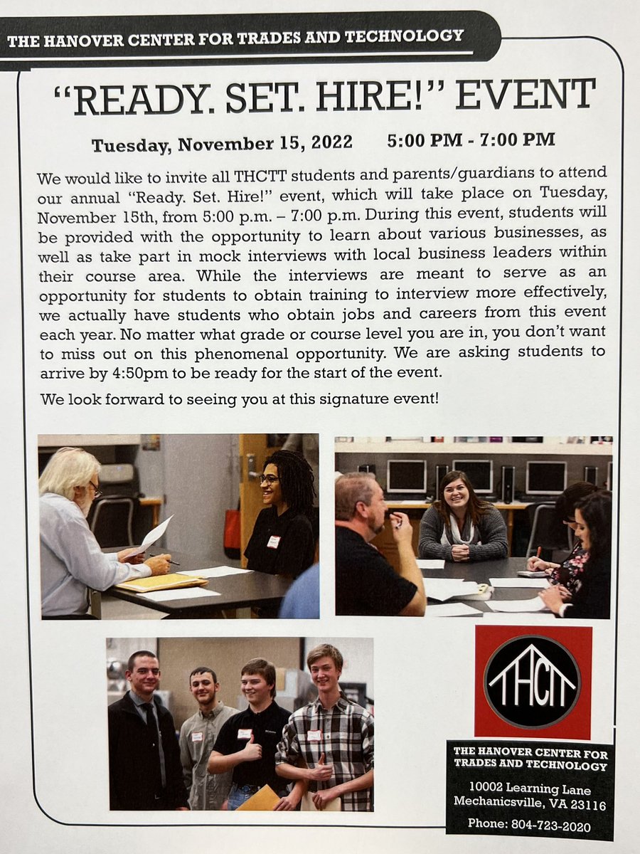 THCTT's tweet image. THCTT’s “Ready. Set. Hire!” event is next week! Students, please join us next Tuesday, November 15th from 5pm-7pm. You will not want to miss this incredible opportunity to take part in mock interviews with actual employers. View the attached flyer for more information.