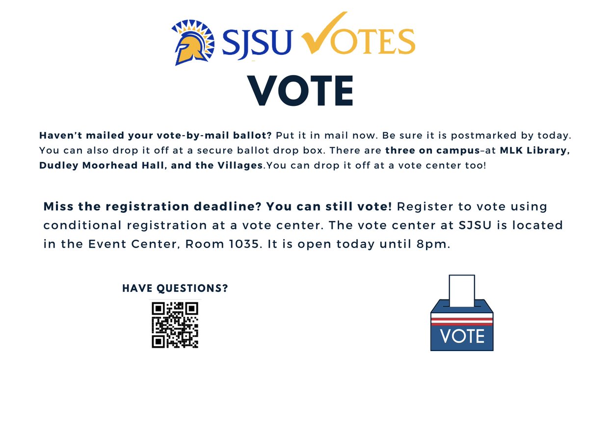 SJSUvotes's tweet image. We are all over campus today providing information and letting people know that today is the last day to vote. #sjsuvotes @SLSVCoalition #CampusTakeover #ElectionDay @SJSU @sjsucoss
