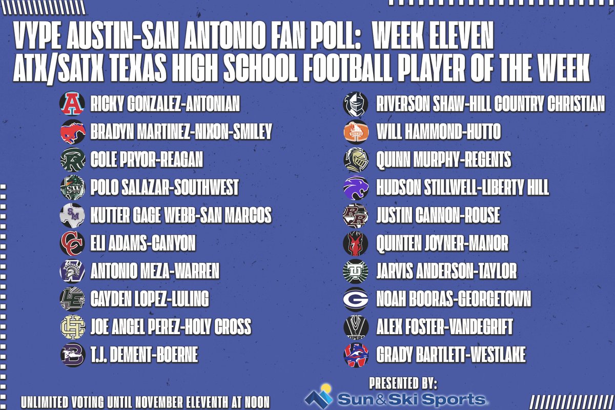End of the Regular season means it's time for the last Player of the Week Fan Poll for Football. Vote as many times as you want until Friday at noon! 

Vote: vype.com/vype-austin-sa…