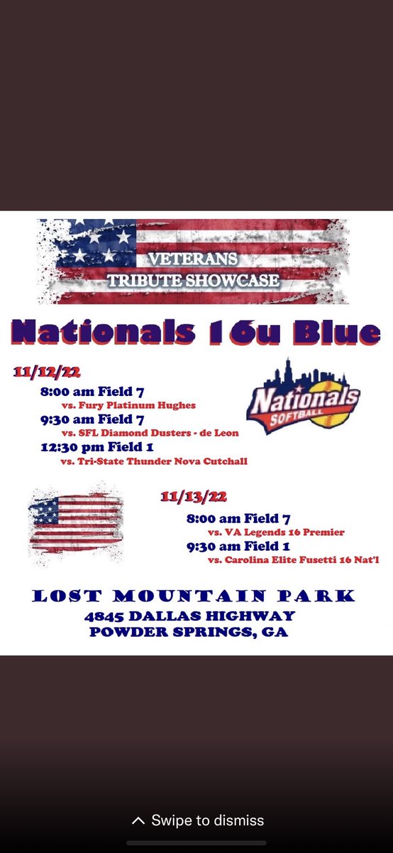 Come see us this weekend in the ATLANTA area! We're at Lost Mountain Park in Powder Springs. Nationals 07 will be in the Veterans Tribute Showcase!                                               #softballrecruiting  #softball2025 #uncommitted #Thankyouveterans #softballfastpitch