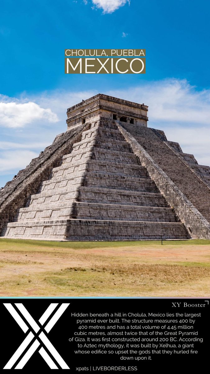 Hidden beneath a hill in Cholula, Mexico lies the largest pyramid ever built. The structure measures 400 by 400 metres and has a total volume of 4.45 million cubic metres, almost twice that of the Great Pyramid of Giza. It was first constructed around 200 BC. #TREASURE #pyramid