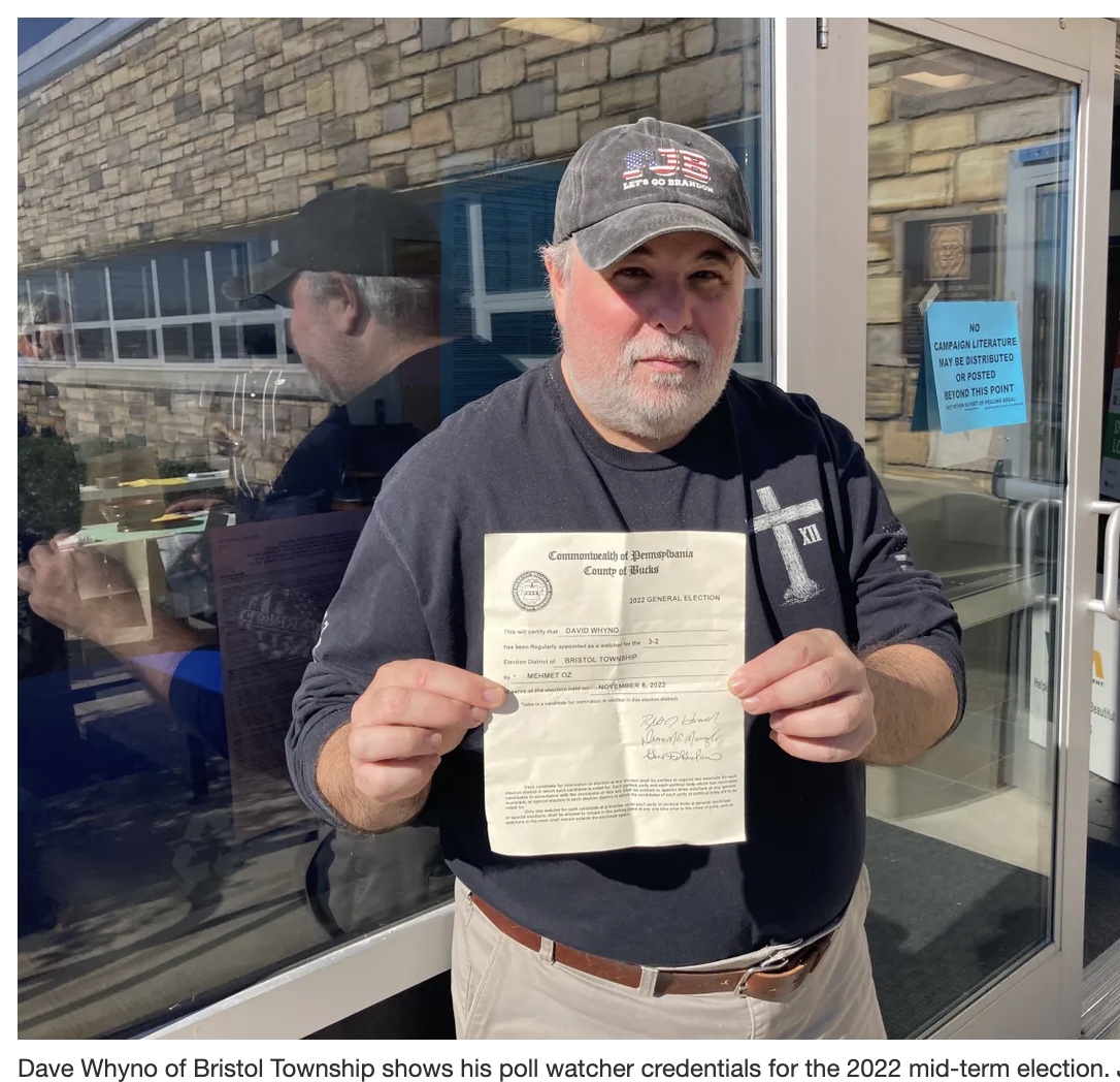 #BucksCounty poll watcher wearing Let's Go Brandon cap: "I’m tired of all the (nonsense) from the other side, dragging out the vote count for days. After 2020, I don’t trust the system, so I decided to get involved." No pushback from far-right columnist, now "reporter" @JDMullane