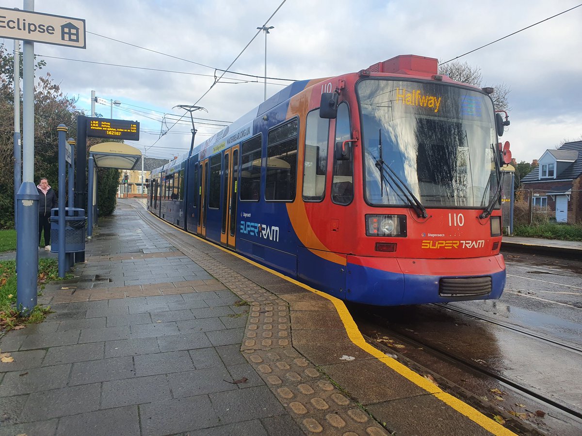 JamesTGlossop's tweet image. Sheffield Supertram 110 seen leaving Spring Lane tram stop this afternoon with a Blue Route service to Halfway. (08/11/2022) #SpringLane #Sheffield #Supertram #SouthYorkshire @JedKendray @303032T