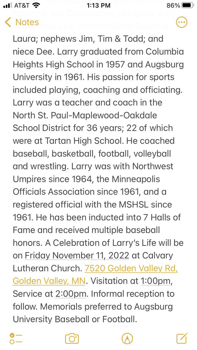 NWumpires's tweet photo. Larry Gallagher Age 82 Passed away on November 6, 2022. Celebration of Larry’s Life will be on Fri Nov 11, 2022 at Calvary Lutheran Church. 7520 Golden Valley Rd, Golden Valley, MN. Visitation at 1:00pm, Service at 2:00pm. Memorials preferred to Augsburg Univ Baseball or Football https://t.co/SWOhUEEnVX
