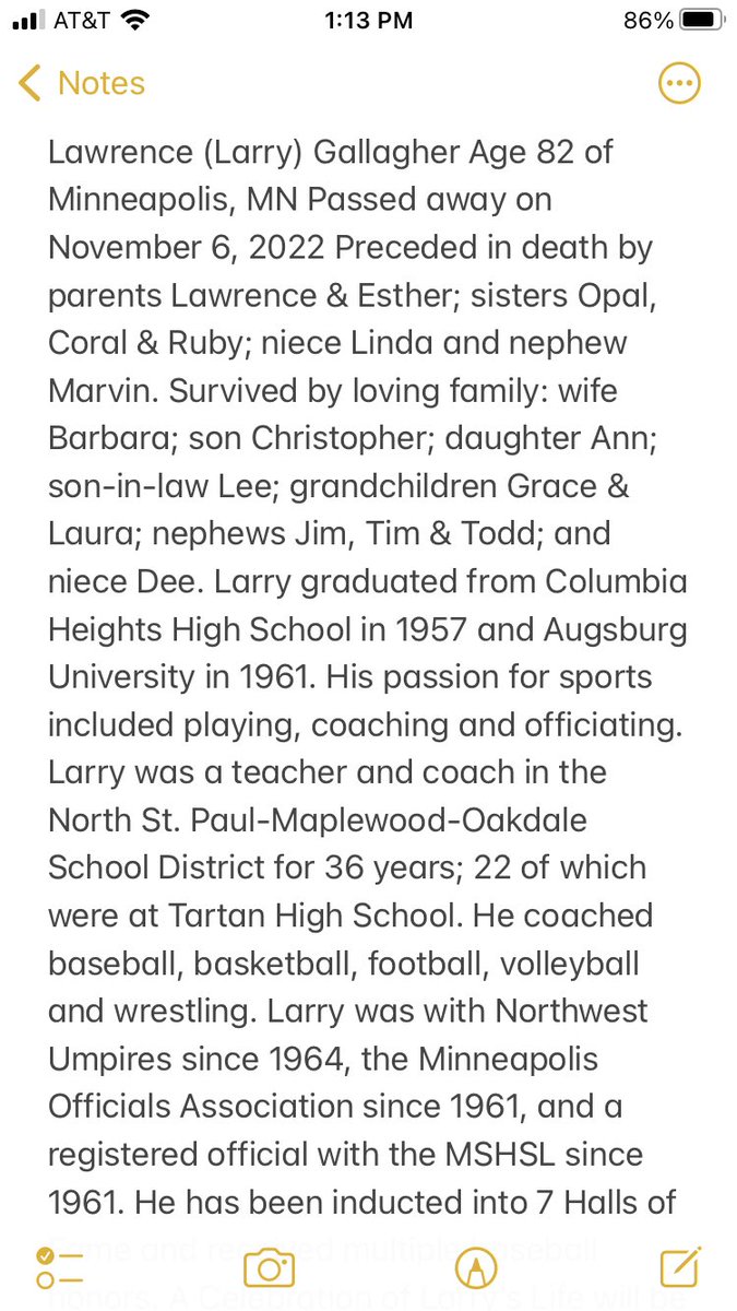 NWumpires's tweet photo. Larry Gallagher Age 82 Passed away on November 6, 2022. Celebration of Larry’s Life will be on Fri Nov 11, 2022 at Calvary Lutheran Church. 7520 Golden Valley Rd, Golden Valley, MN. Visitation at 1:00pm, Service at 2:00pm. Memorials preferred to Augsburg Univ Baseball or Football https://t.co/SWOhUEEnVX