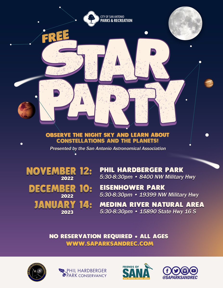 SAParksandRec's tweet photo. STAR PARTY💫
Observe the night sky and learn about the constellations and planets. 🪐 We have 3 opportunities you don’t want to miss.🔭

🗓️ Nov 12, Dec 10, &amp; Jan 14
👥 All Ages | 🎟️ Free
No Reservations Required

#StarParty #Stars #Planets #NightSky #SAParksAndRec #ExploreTheFun https://t.co/48Q1g0wKJi