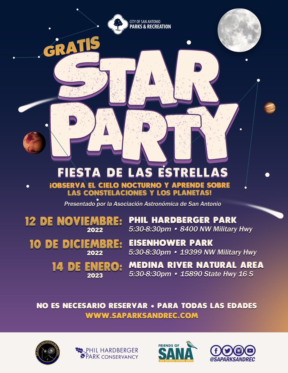 SAParksandRec's tweet photo. STAR PARTY💫
Observe the night sky and learn about the constellations and planets. 🪐 We have 3 opportunities you don’t want to miss.🔭

🗓️ Nov 12, Dec 10, &amp; Jan 14
👥 All Ages | 🎟️ Free
No Reservations Required

#StarParty #Stars #Planets #NightSky #SAParksAndRec #ExploreTheFun https://t.co/48Q1g0wKJi