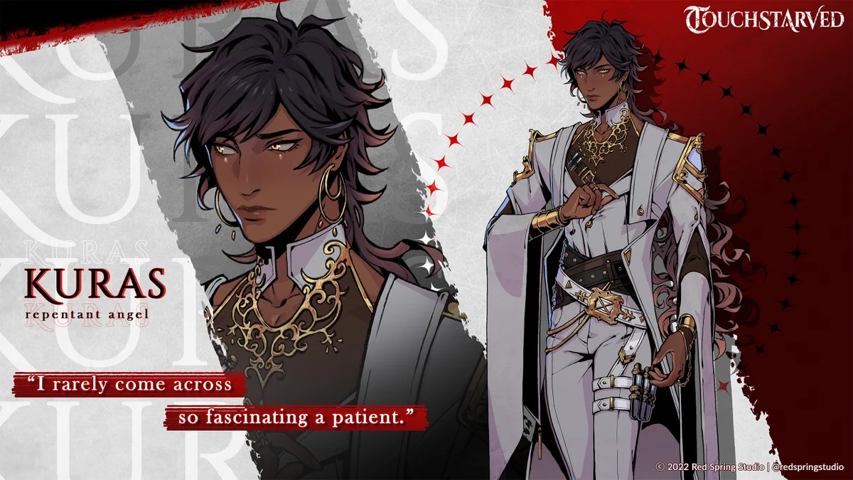 Kuras the repentant angel - a tall, well dressed figure with golden eyes and a dark complexion. He is well dressed in an off white suit with gold accents and vials belted to one leg.