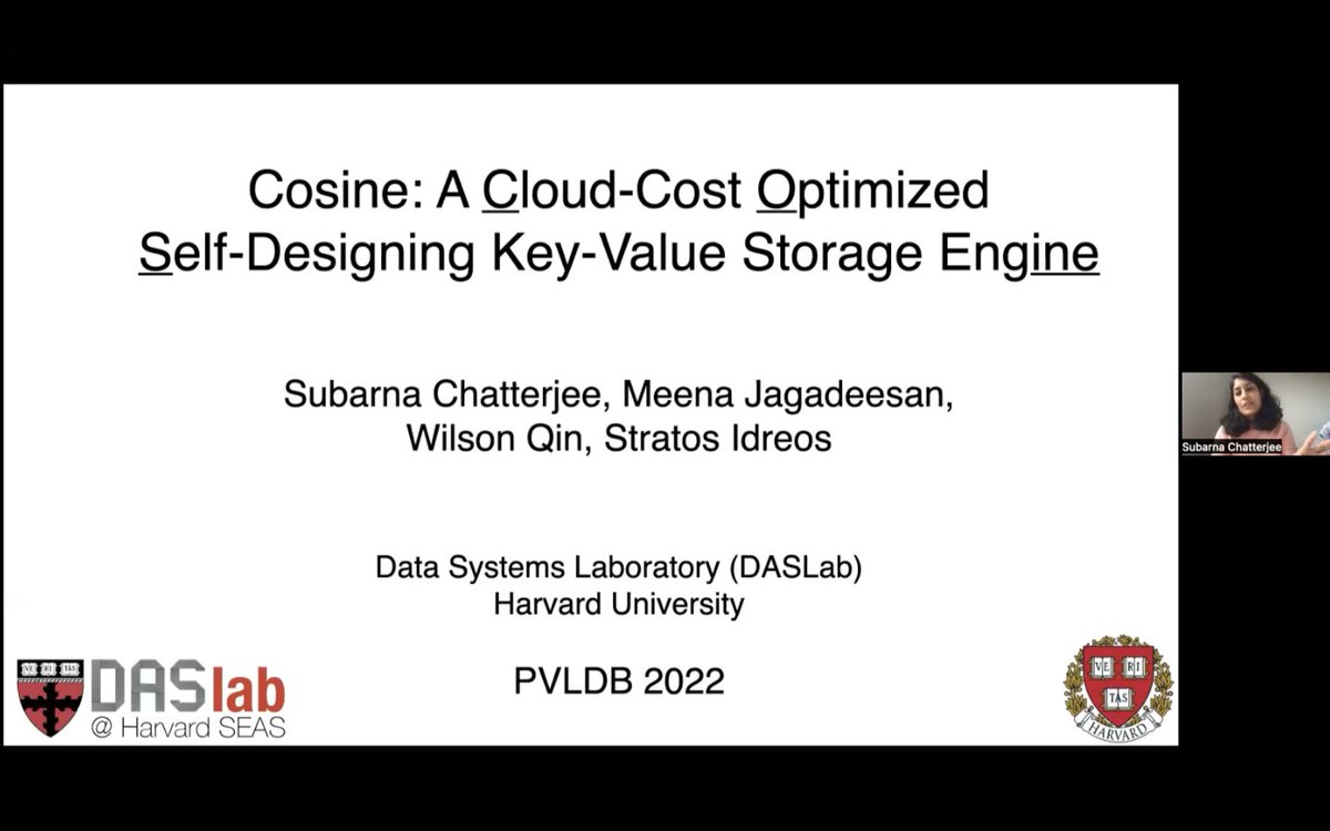 ImmanuelTrummer's tweet image. Great talk by Subarna Chatterjee from @HarvardDASlab on COSINE, a self-designing #KeyValueStore for the Cloud! Check it out here: youtu.be/ECsVwbgsyxg
#CloudComputing #AI #ML #DataScience #DB #Database @Harvard #CornellDBseminar #StorageEngine #LSMtree