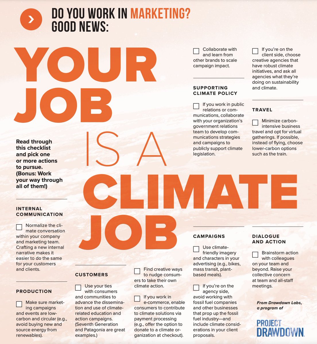 Do you work in #marketing? Good news: Your job is a climate job! Check out our #DrawdownLabs job function action guides to learn more about how YOU can use your current role to make an impact in the fight against climate change. drawdown.org/programs/drawd… #ClimateAction #COP27
