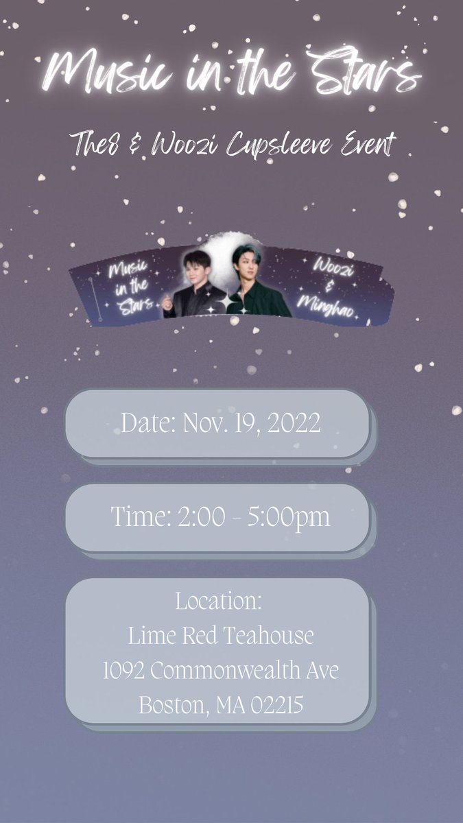 We're back with another Seventeen birthday cupsleeve!! 

When: Saturday, Nov. 19, 2-5pm 
Where: Limered <a href="/limeredteahouse/">LimeRed TeaHouse</a>, Boston, MA

We look forward to celebrating our genius producer &amp; our art king, Woozi and Minghao! 

Tier goodies coming soon! 

#bostoncupsleeve #kpopinmass