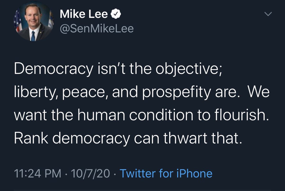 AnotherMasker's tweet photo. @MikeLeeforUtah Mike Lee wants his own liberty, peace, and prospefity more than your “rank” right to participate in choosing your representative government, and therefore has no business in Congress. Period. #VoteOutMikeLee https://t.co/nPcsZtBjJP