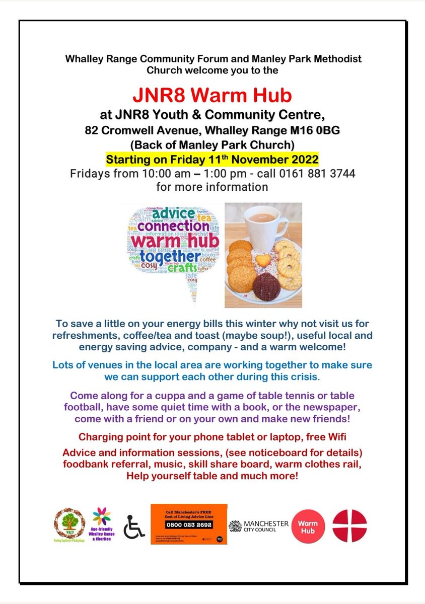 WhalleyRangeorg's tweet photo. We are launching our weekly Whalley Range Warm Hub at JNR8 on Friday 10-1pm. Join us for a warm welcome, a brew and toast and lots more...☕🫖 https://t.co/jYAJvYHPdN
