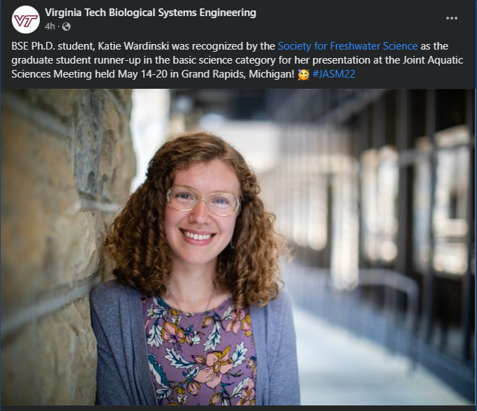 FloodHydrology's tweet photo. Big shoutout to @KatieWardinski for her award from @BenthosNews for her presentation this summer at #JASM22.
#DelmarvaDISCO @bse_vt @ScottDurelle @KatieWardinski https://t.co/mA9lMgUmr1