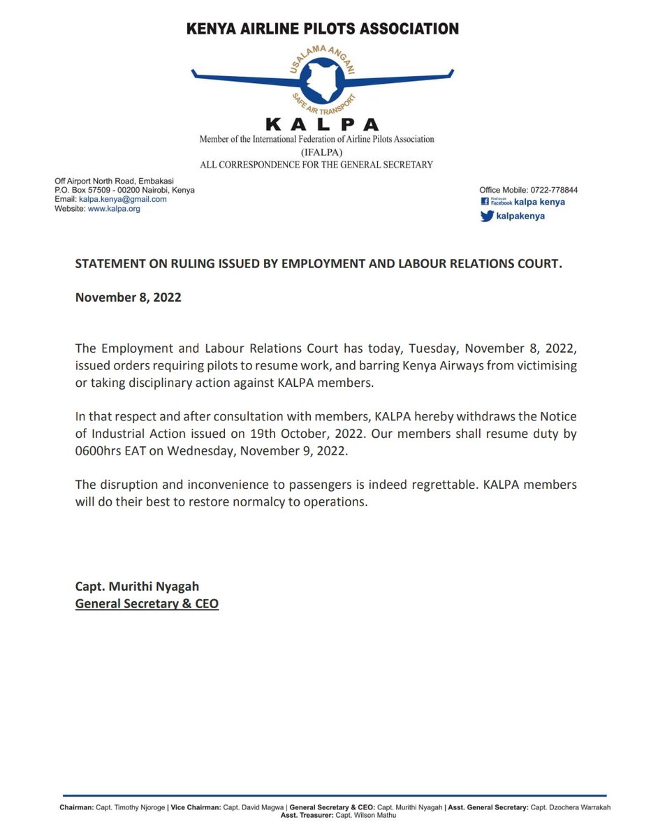 Following the ruling issued by Employment and Labour Relations Court, our members shall resume duty at 0600hrs EAT on Wednesday, November 9, 2022.