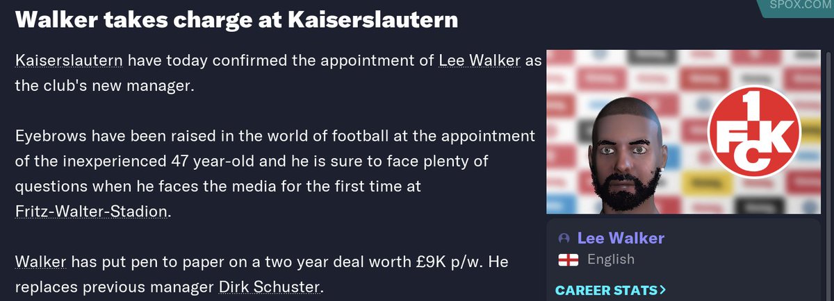 leewalker498's tweet photo. Statement: I look forward to working with Terrence Boyd, Erik Durm &amp; other 18 guys I've just looked up on Wikipedia. I can assure all one dot fans I will bring in new coaches who understand 2.Bundesliga - a Fuchs or maybe even a pair of Kuntz. Ich bin ein Kaiserslauterner. 
#FM23 https://t.co/iRFdvP9YwK