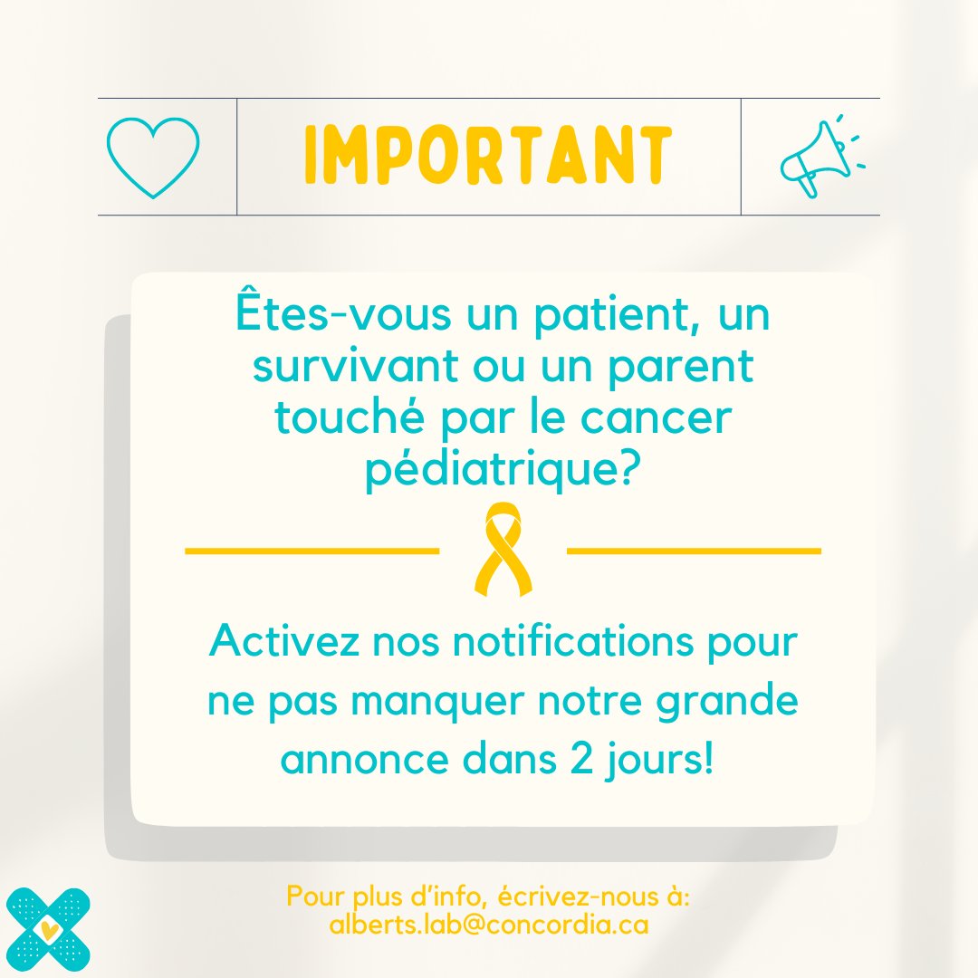 Êtes-vous un patient, un survivant ou un parent touché par le cancer pédiatrique? 💫🎗️

Activez nos notifications pour ne pas manquer notre grande annonce dans 2 jours!

Pour plus d’info, écrivez-nous à: alberts.lab@concordia.ca

#childhoodcancer🎗️#covid19