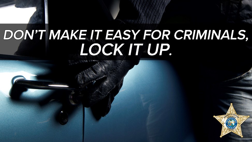 OrangeCoSheriff's tweet photo. Don't let thieves benefit from your hard work! Vehicle burglary is a crime of opportunity. No matter where you are, remove your valuables, park in a well-lit area, lock your doors, and ensure all windows are closed. #keepyourpropertysafe https://t.co/EbltqwLLVx