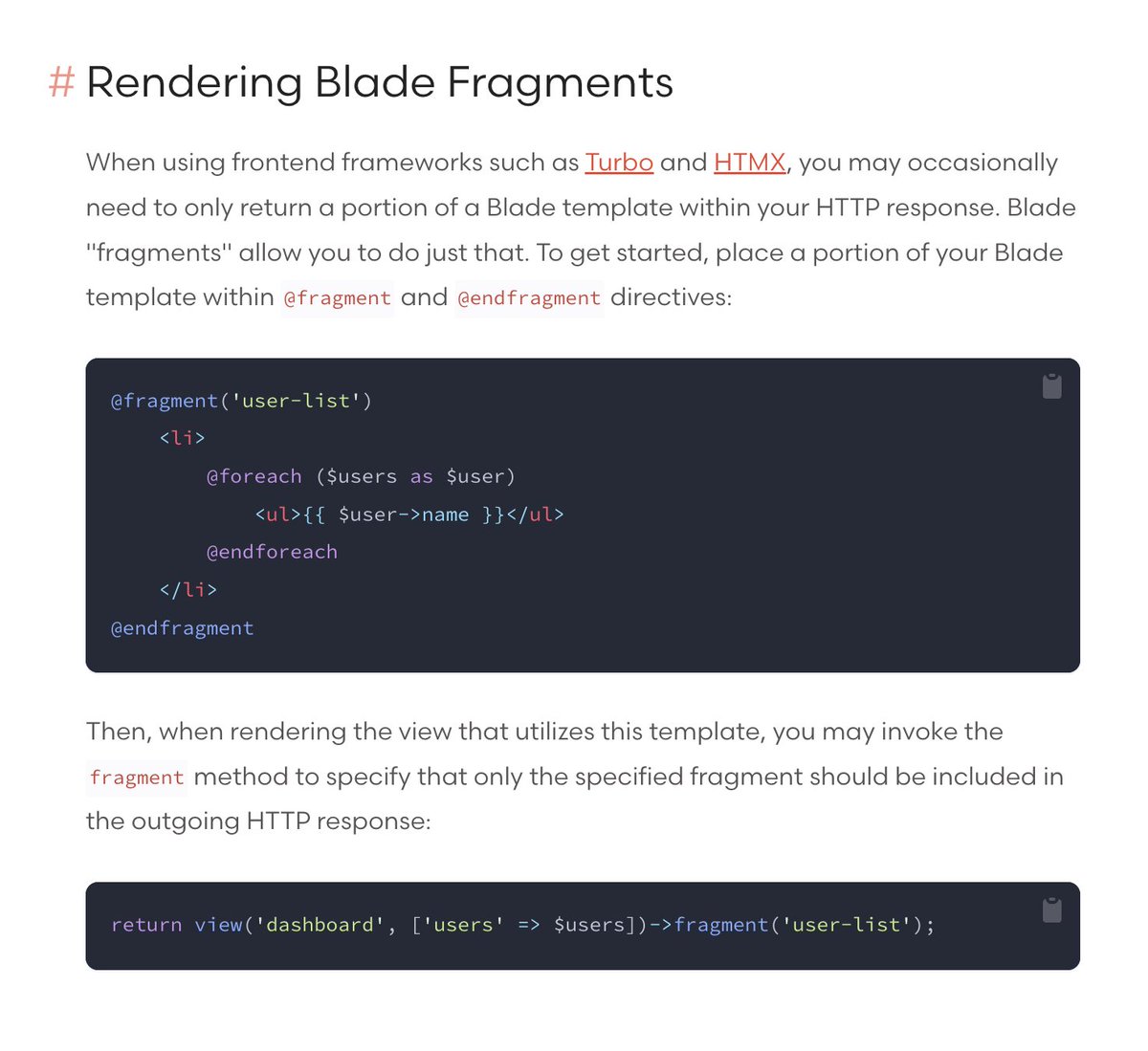 taylorotwell's tweet image. Today's @laravelphp release allows you to return only a "fragment" of a Blade template. Useful for those of you utilizing Turbo, HTMX, Unpoly, etc.
Enjoy ❤️