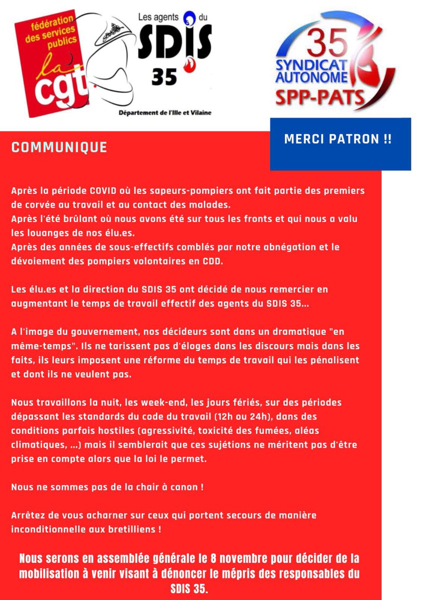 cgt_sdis35's tweet photo. Le mécontentement se fait entendre au #sdis35 !
Effectifs en tension, temps de travail augmenté, conditions de travail dégradées. 
Un mouvement de grève reconductible a été voté, Rendez vous le 22/11 pour une nouvelle AG! ✊le @Saspppats35 se joint à nous en intersyndicale https://t.co/4IDnZlr7hO