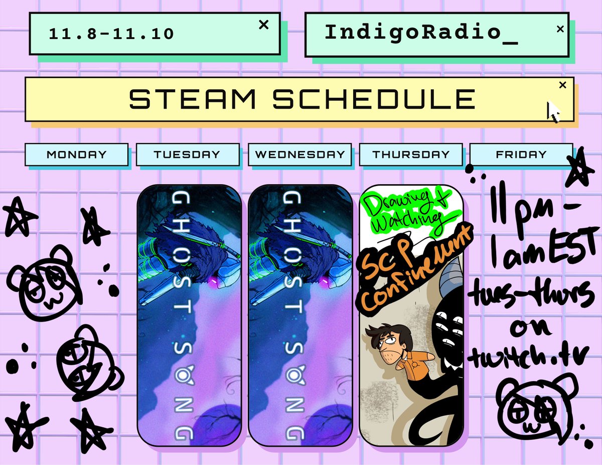 _indigoradio_'s tweet photo. Finally - A #streamingschedule right?
Tues- #GhostSong
Weds- #GhostSong
Thurs- #art and #SCPConfinement
on https://t.co/Ifftt9iFgd
Earliest start:11pm-1am EST
#IndigoAM #pngtuber #VtubersEN #vtuber #VtuberUprsing #twitchaffiliate #streaming #VTubersAreStillWatching #ENVtuber https://t.co/LM6bQOx4QU