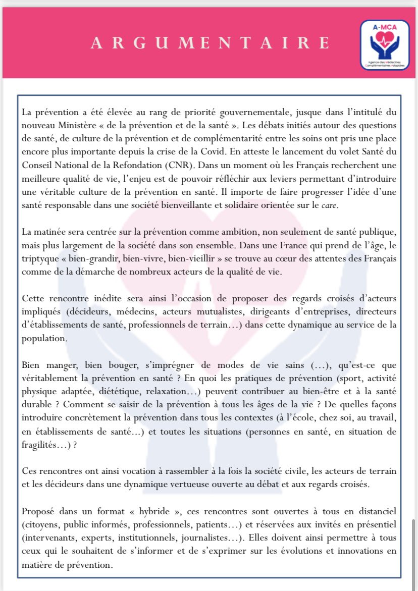 L'<a href="/AgenceDesMCA/">Agence des MCA (A-MCA)</a> est heureuse de
vous convier aux RENCONTRES DE
LA PRÉVENTION À L'ASSEMBLÉE
NATIONALE
- Sous le Haut Patronage de Mme la
Députée Annie VIDAL
- Grand Témoin: M le Ministre Olivier
KLEIN
- Format Hybride 
👉 S’inscrire en visio  : eventbrite.com/e/billets-la-p…