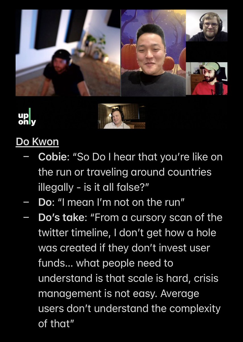 Intern notes on the biggest <a href="/UpOnlyTV/">Up Only</a> stream of all time:

- FTX 🫡
- What’s happening ⁉️
- Do Kwon appearance 🌗

And infinitely more

<a href="/cobie/">Cobie</a> <> <a href="/ledgerstatus/">Ledger 🇺🇸</a> <> <a href="/stablekwon/">Do Kwon 🌕</a> <> Martin Shkreli <> <a href="/jimtalbot/">jim</a> <> <a href="/gainzy222/">gainzy</a> <> <a href="/EvgenyGaevoy/">wishful_cynic</a>