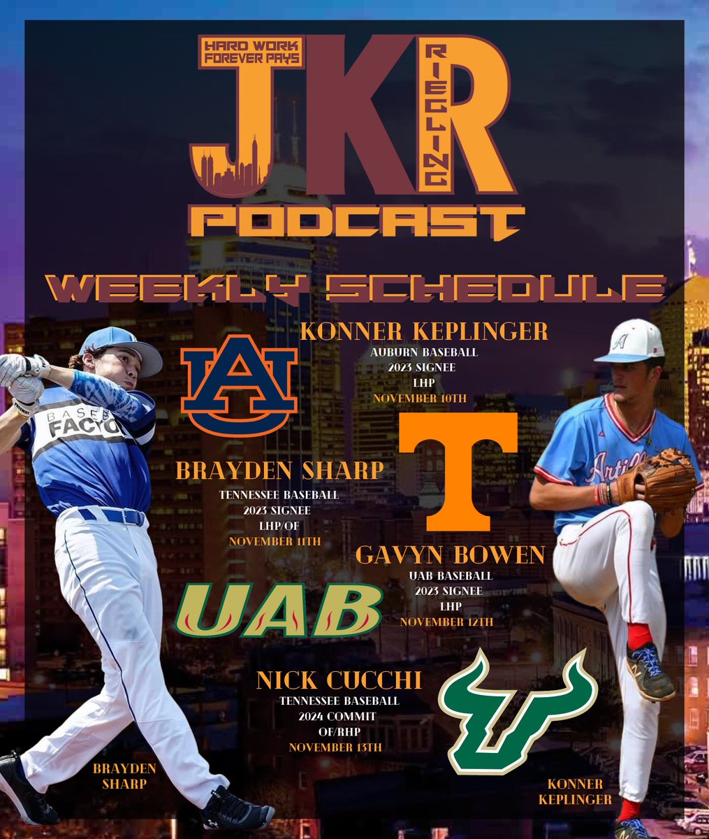 ‼️ WEEKLY SCHEDULE‼️

Special Guests this week include 2023 @AuburnBaseball Commit @konnerkeplinger , 2023 Tennessee Baseball Commit @b_sharp27 , 2023 @UAB_Baseball Commit @BowenGavyn , and 2024 @USFBaseball Commit @NicholasCucchi ! Great content all around!