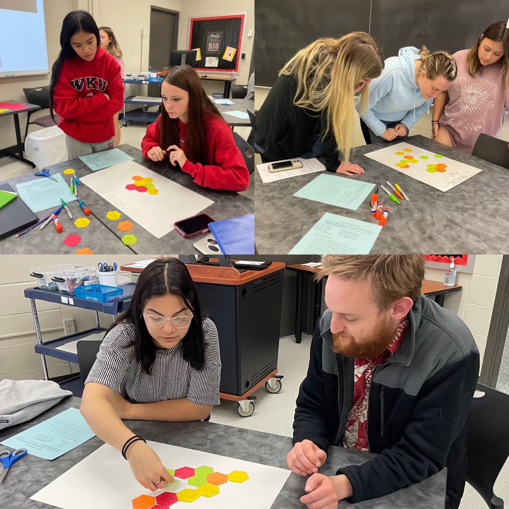 skyteach_wku's tweet photo. @skyteach_wku SMED 101 students hard at work building concept maps using hexagonal thinking. @rudloff_teacher #futurestemteachers #sciencerocks #mathrocks https://t.co/0RzrQN9f3m