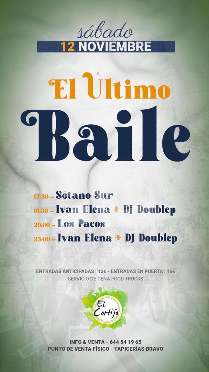 Familia, este sábado vamos a romperla en <a href="/ElCortijoAtq/">El Cortijo Lounge</a> junto a los compis de <a href="/SOTANOSUR/">SÓTANO SUR</a>, Iván Elena y <a href="/Dj_Doublep/">🎧🔴 Pepe ⚪️🎧</a>. Va a ser un concierto muy especial, porque despediremos a David y Alberto como responsables de un lugar que ellos han convertido en nuestra casa. #ElÚltimoBaile