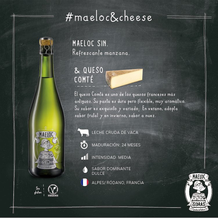 maelocway's tweet photo. El #maelocandcheese que os traemos hoy es perfecto para los días entre semana:
🍾 Nuestra Maeloc SIN maridada con 🧀 Comté francés.
¡Una combinación dulce pero con mucho sabor!
#sidraMaeloc #MaelocSin #sinalcohol #sidragallega #cosechadegalicia #Maeloc #queso #quesocomté https://t.co/aXBqBBxSXY