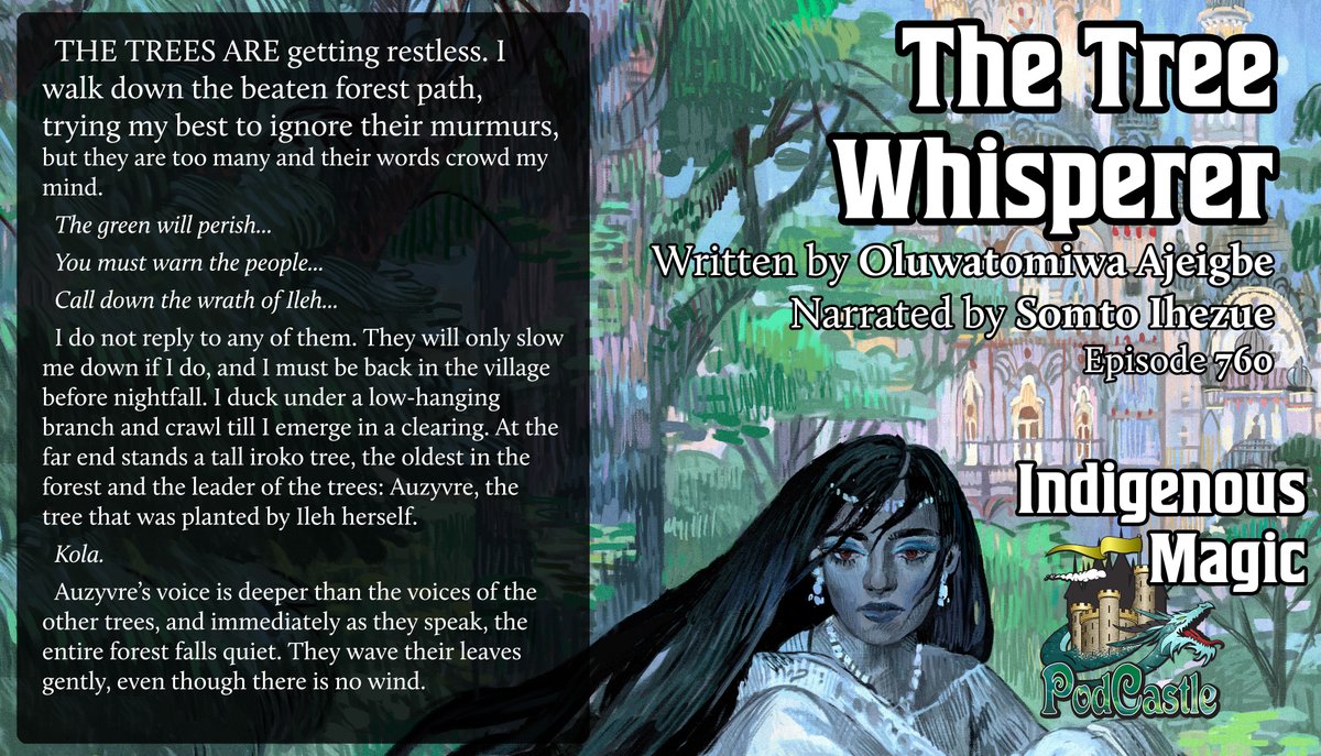 PodCastle_org's tweet photo. #pc760 THE TREE WHISPERER by @OluwaSigma, narrated by @somto_Ihezue. Part of our #IndigenousMagic month!
Originally published in Xenocultivars: Stories Of Queer Growth (@specqueer)
Rated PG-13 https://t.co/HSuFtyOEvo